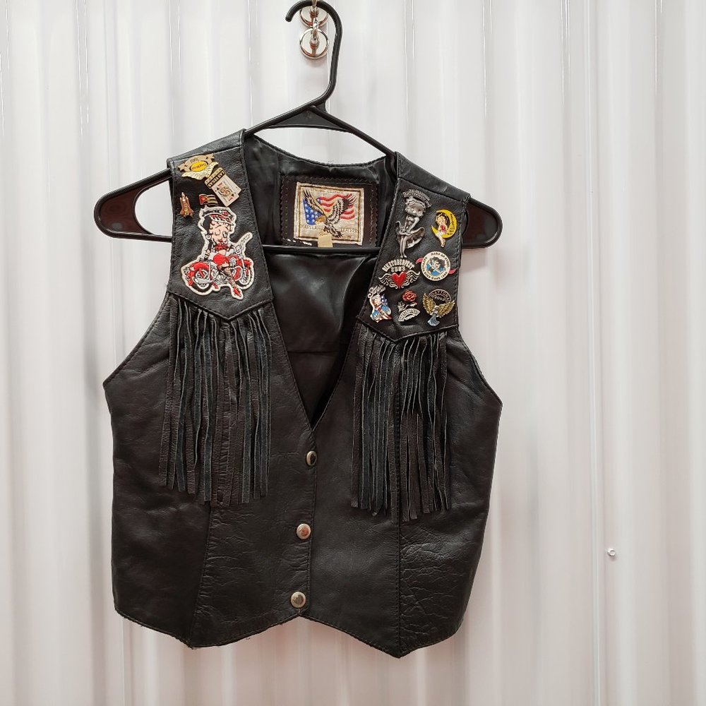 VTG Meryland Leather Bike Vest S Betty Boop pins